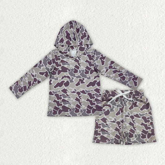 Grey Camo long sleeve hoodie top matching shorts boy outfit