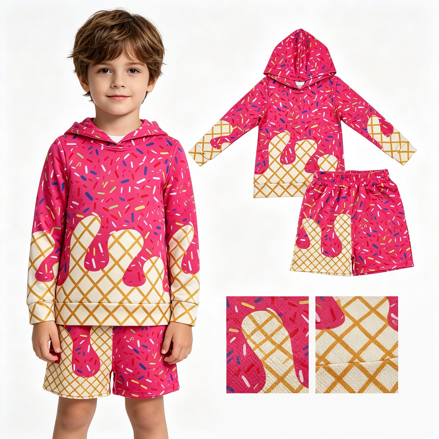 Hot Pink Camo long sleeve hoodie top matching shorts boy outfit