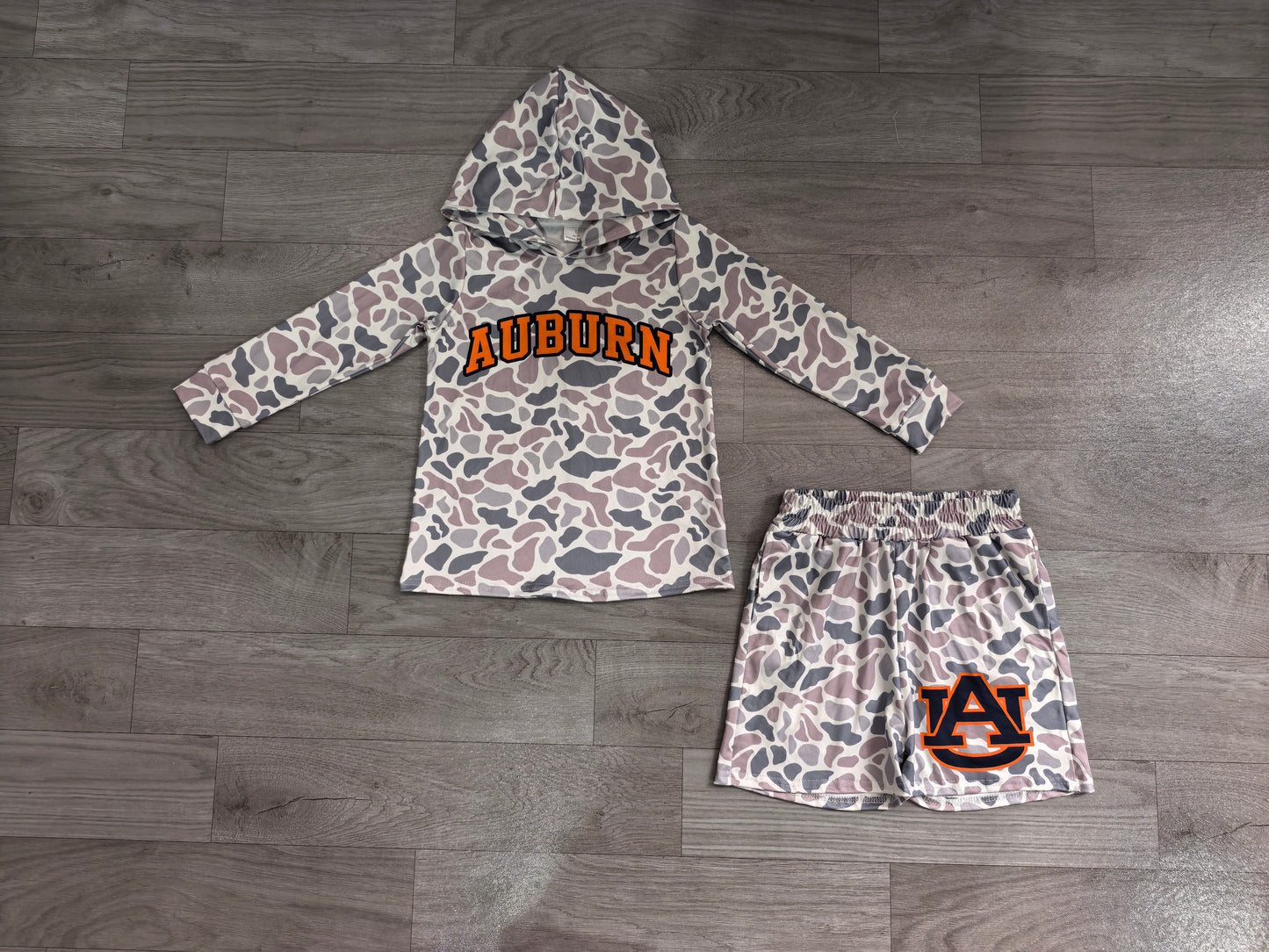 Boys long sleeve auburn camo hoodie top matching shorts outfit preorder