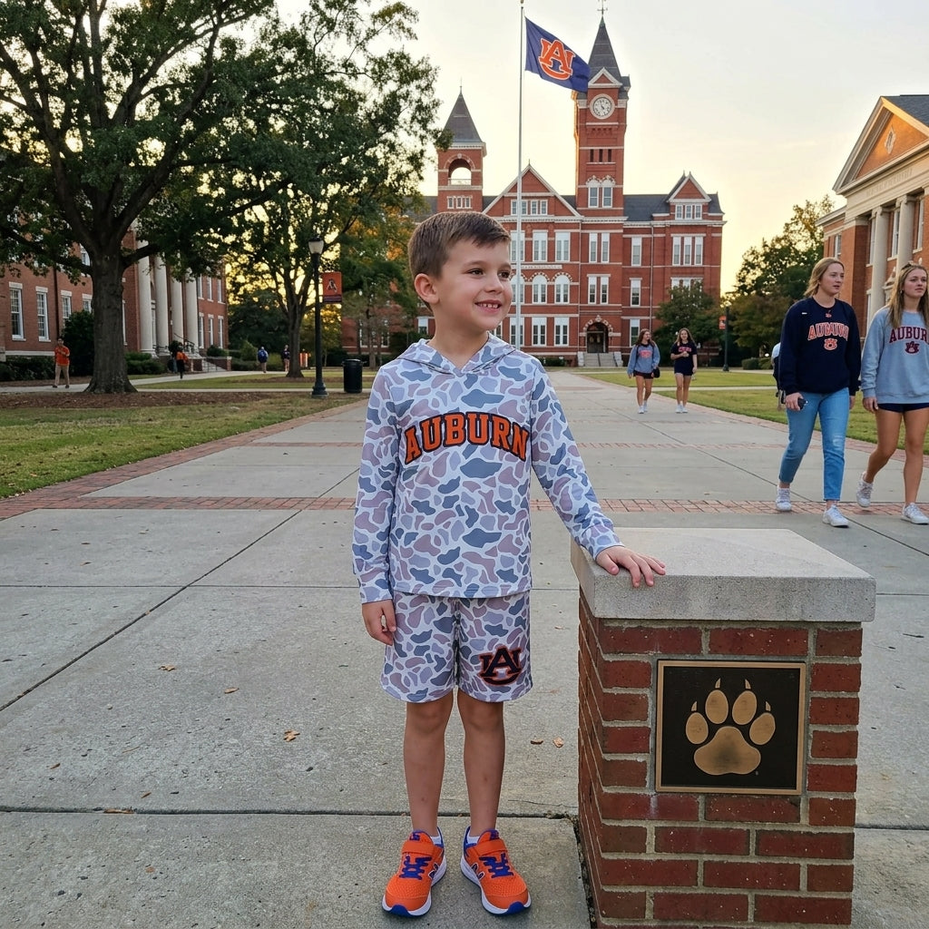 Boys long sleeve auburn camo hoodie top matching shorts outfit