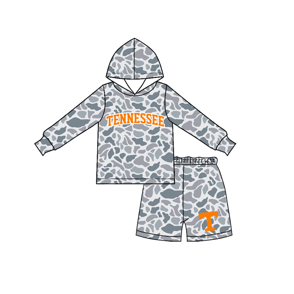 Boys long sleeve auburn camo hoodie top matching shorts outfit preorder