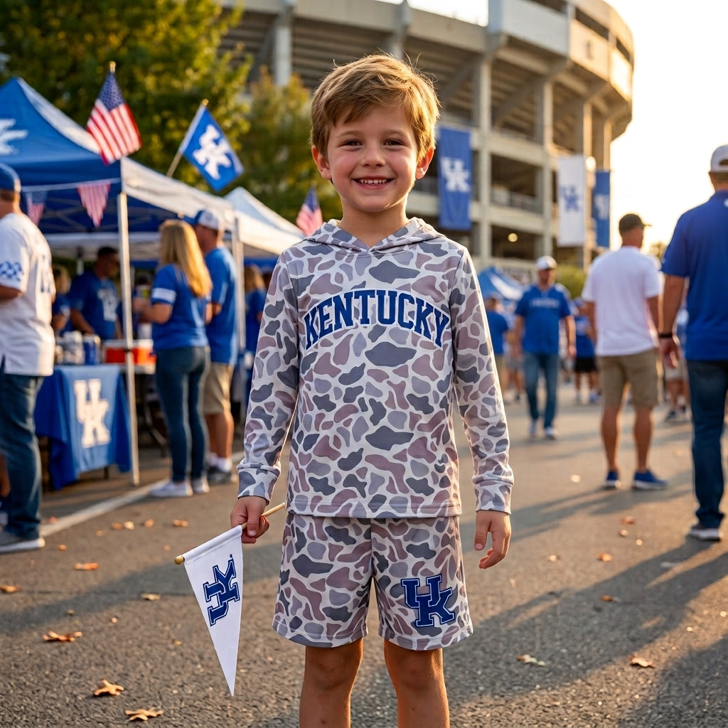 Boys long sleeve kentucky camo hoodie top matching shorts outfit