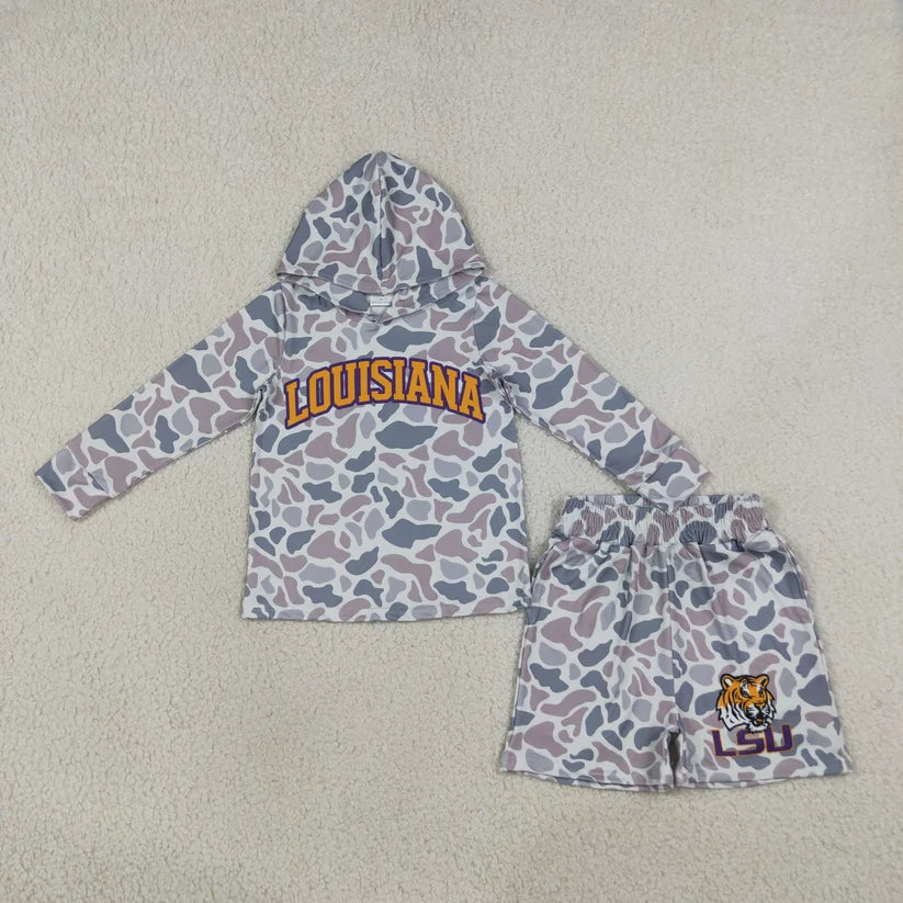 Boys long sleeve tenne camo hoodie top matching shorts outfit