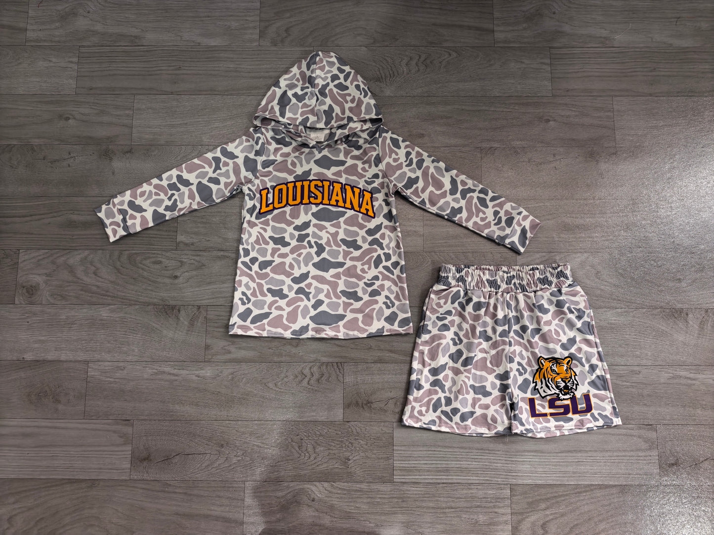 Boys long sleeve louisiana camo hoodie top matching shorts outfit preorder