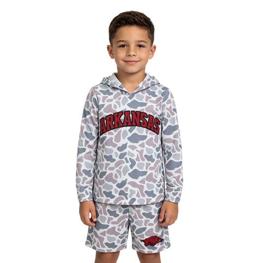 Boys long sleeve arkansas camo hoodie top matching shorts outfit