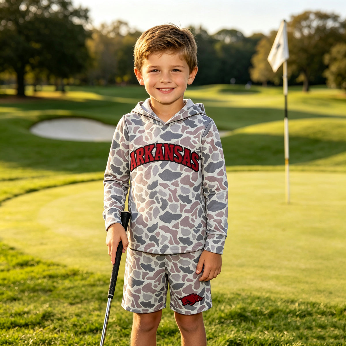 Boys long sleeve arkansas camo hoodie top matching shorts outfit