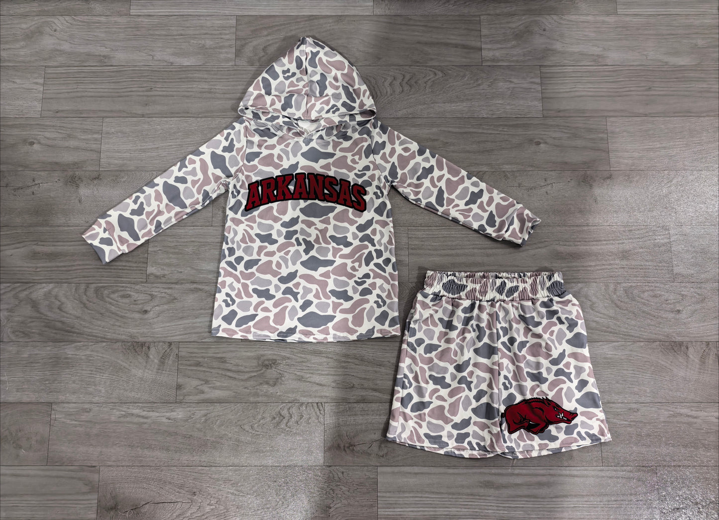 Boys long sleeve arkansas camo hoodie top matching shorts outfit preorder