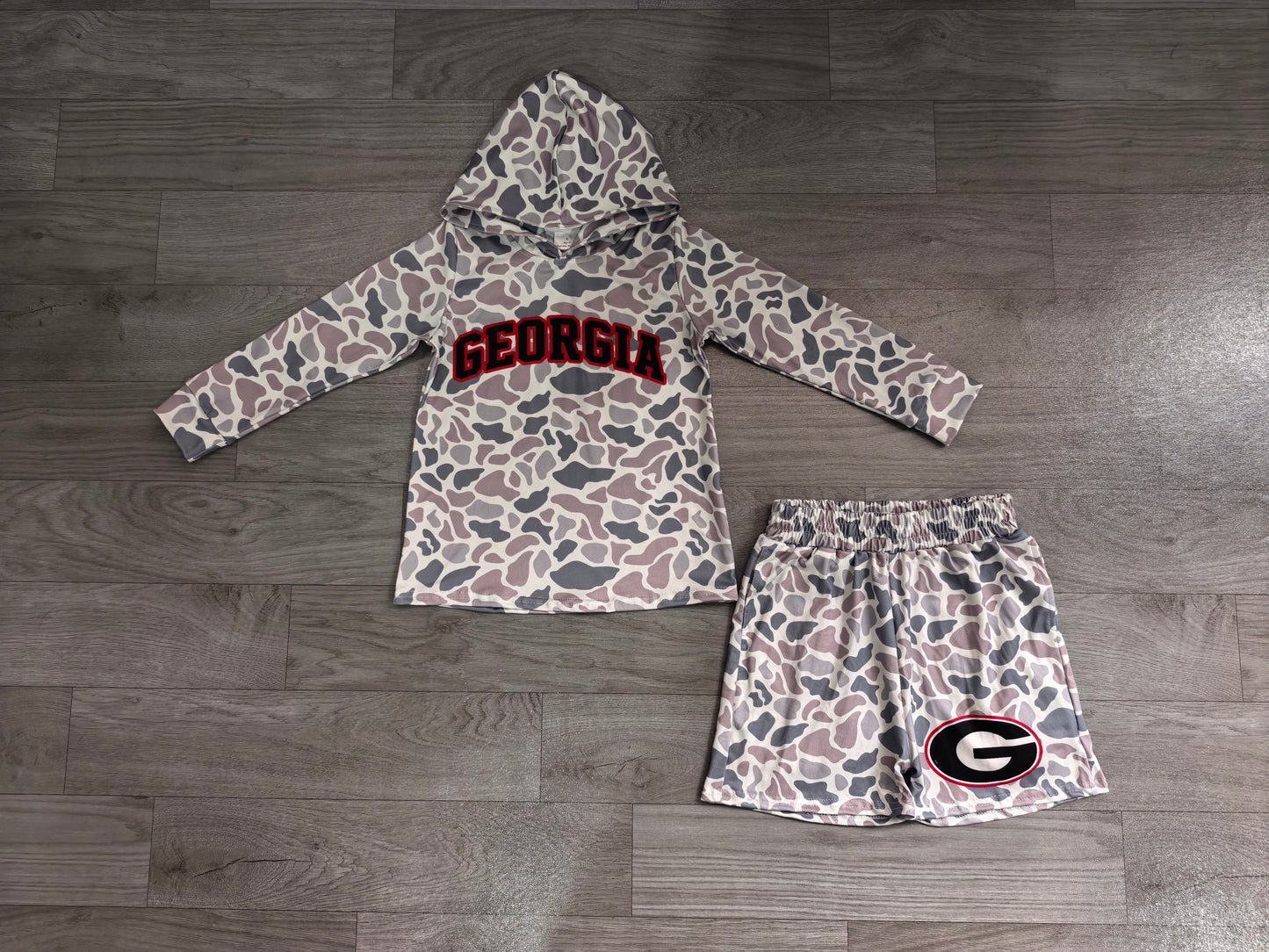Boys long sleeve georgia camo hoodie top matching shorts outfit preorder