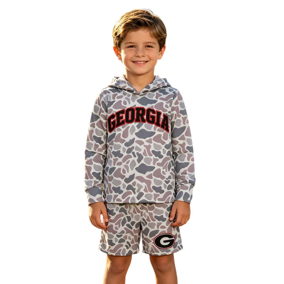 Boys long sleeve georgia camo hoodie top matching shorts outfit