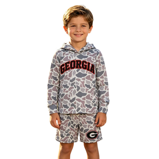 Boys long sleeve georgia camo hoodie top matching shorts outfit