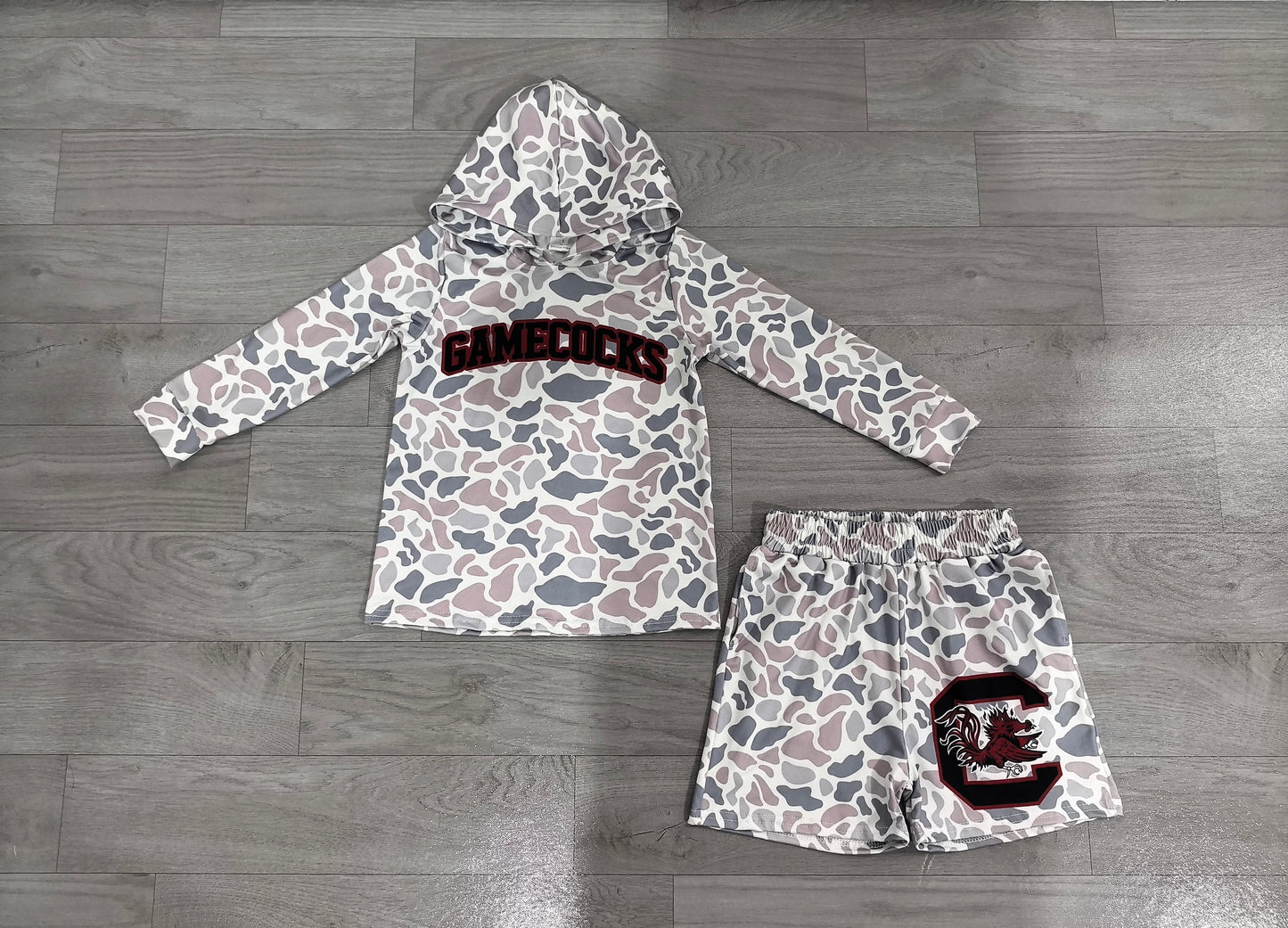 Boys long sleeve gamecocks camo hoodie top matching shorts outfit preorder