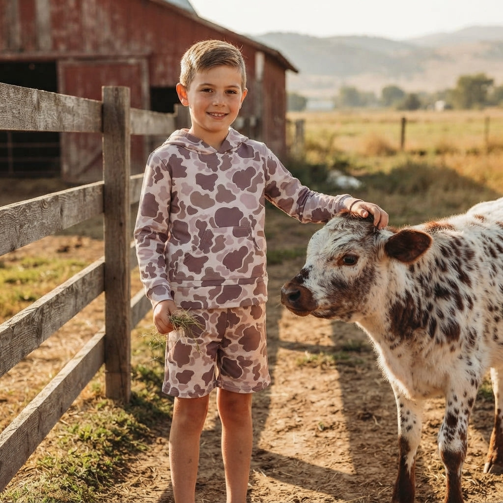 Camo long sleeve hoodie top matching shorts boy outfit