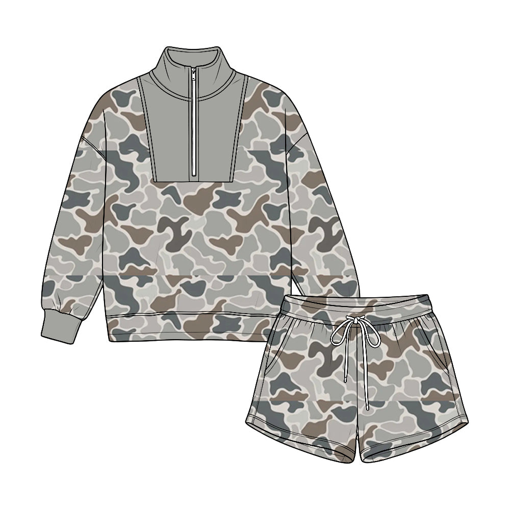 Camo print long sleeve pullover top matching shorts boy fall winter outfit preorder