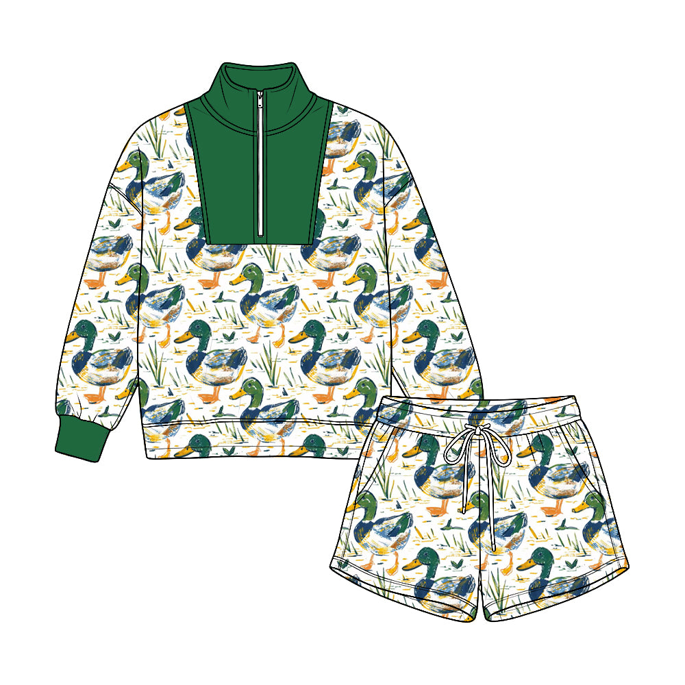 Mallard duck print long sleeve pullover top matching shorts boy fall winter outfit preorder