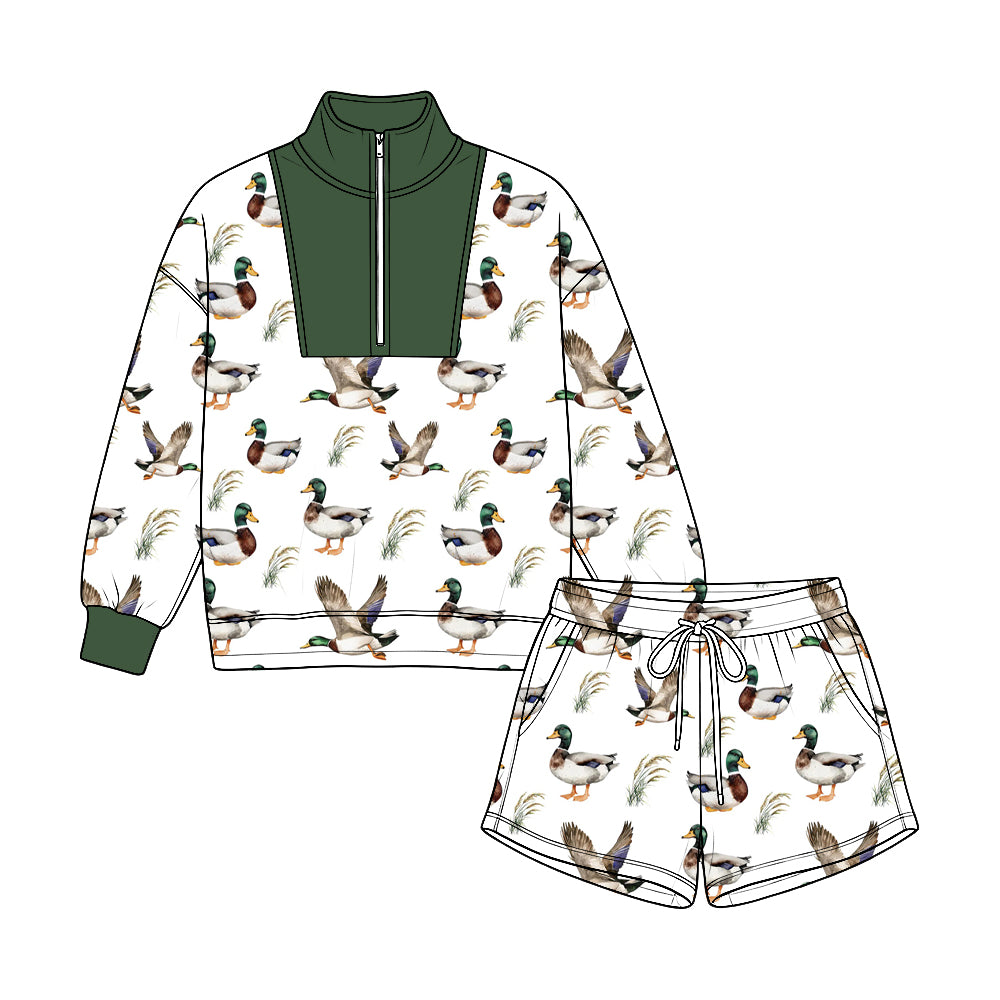 Mallard duck print long sleeve pullover top matching shorts boy fall winter outfit preorder