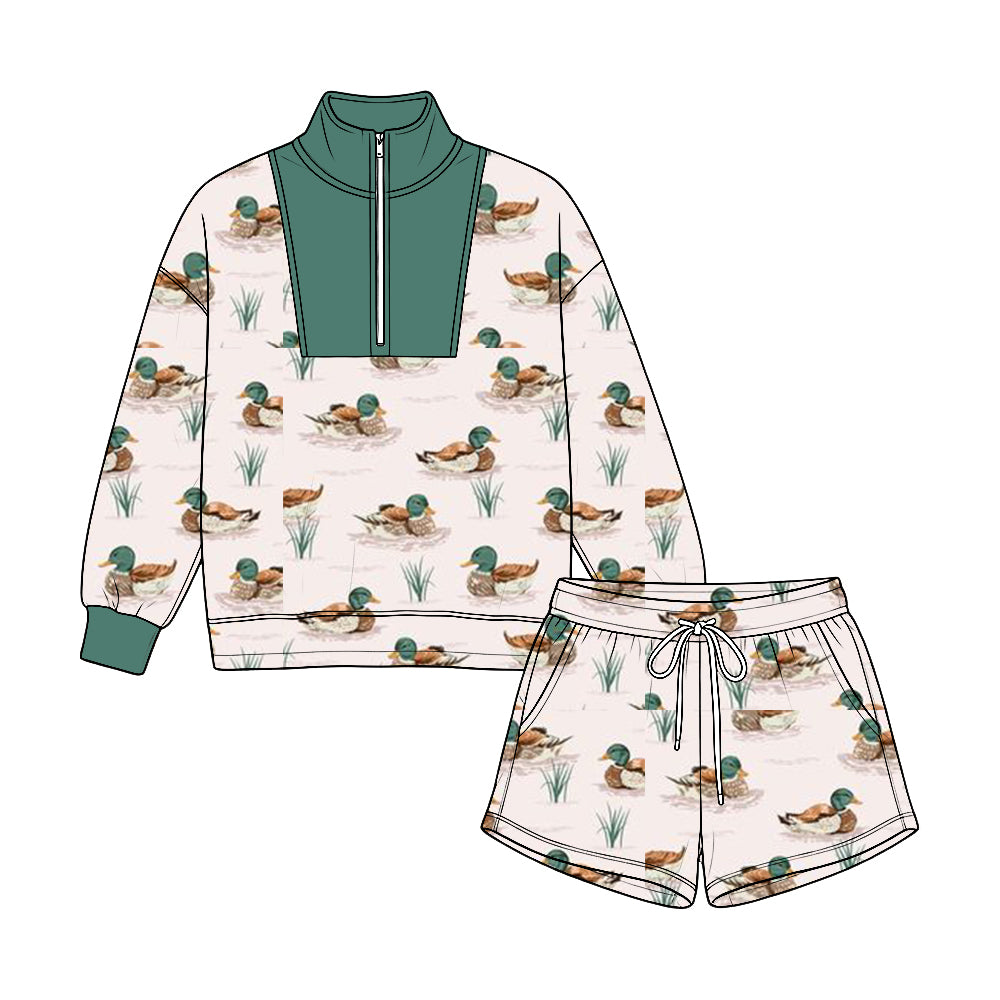 Mallard duck print long sleeve pullover top matching shorts boy fall winter outfit preorder