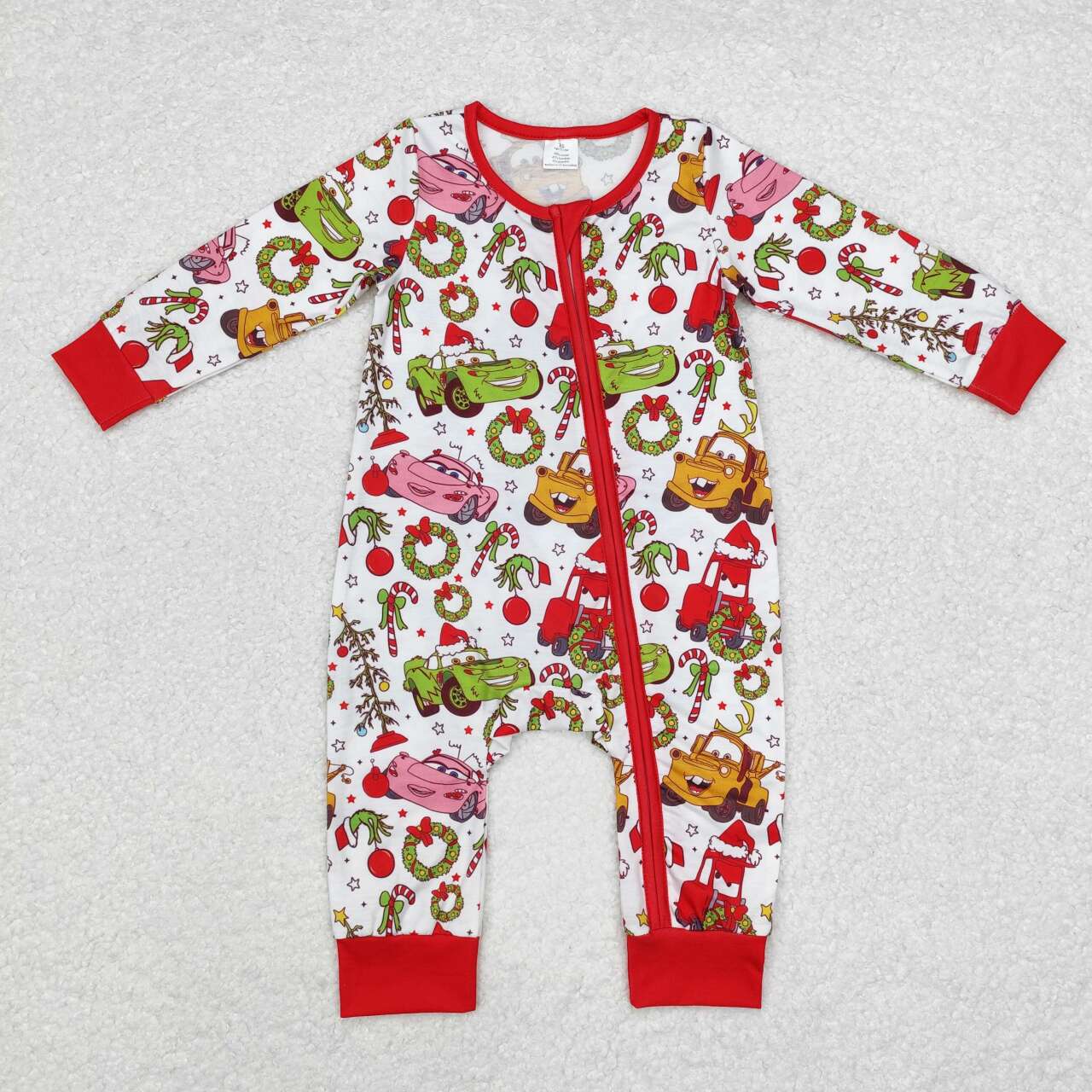 wholesale toddle baby christmas cartoon car green face candy cane bamboo zip romper