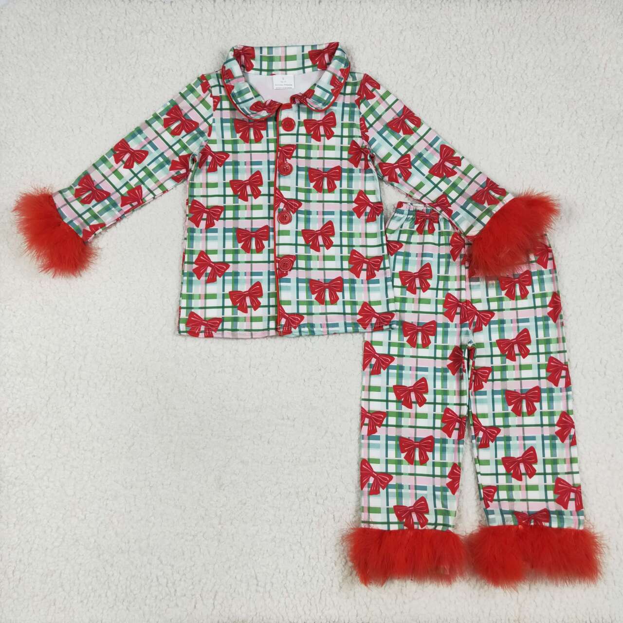 Christmas red green plaid long sleeve fur pajama set outfit
