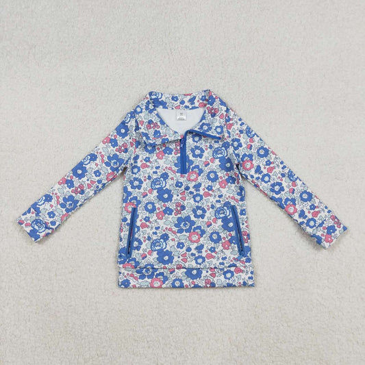 Girls pink blue floral long sleeve yoga pullover