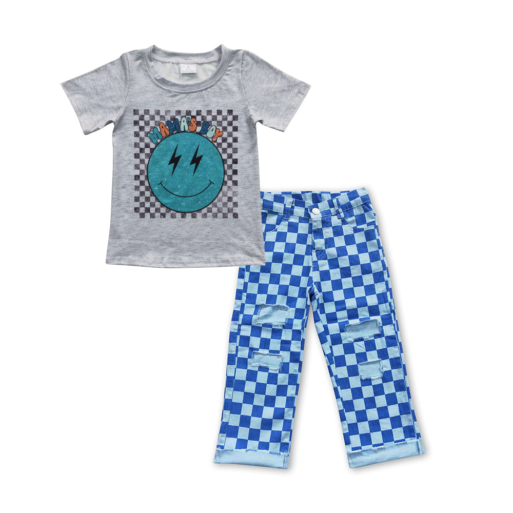 Mamas boy sunshine top blue checkered denim pants outfit