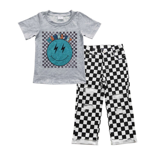 Mamas boy short sleeve t-shirt black checkered denim pants outfit