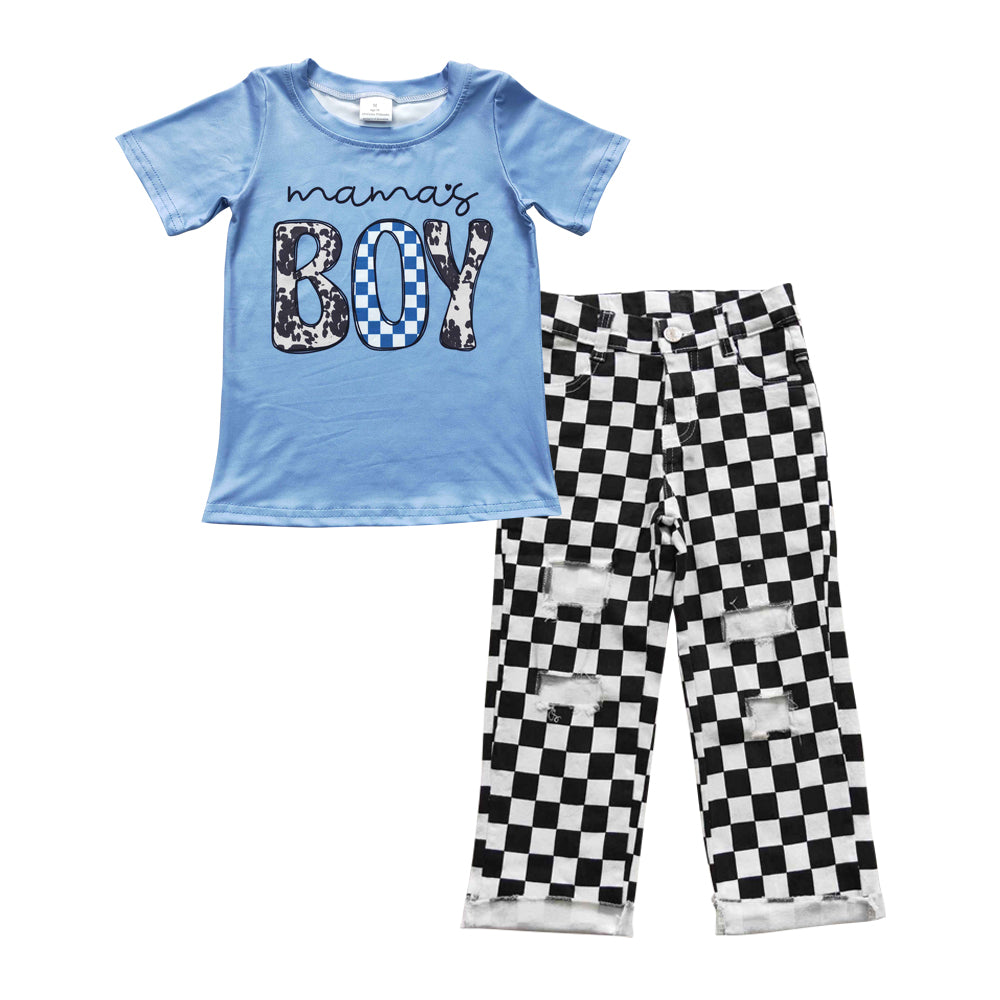 Mamas boy  t-shirt black checkered denim pants clothes baby clothes