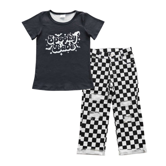 Spooky babe t-shirt black checkered jean pants outfit baby Halloween clothes