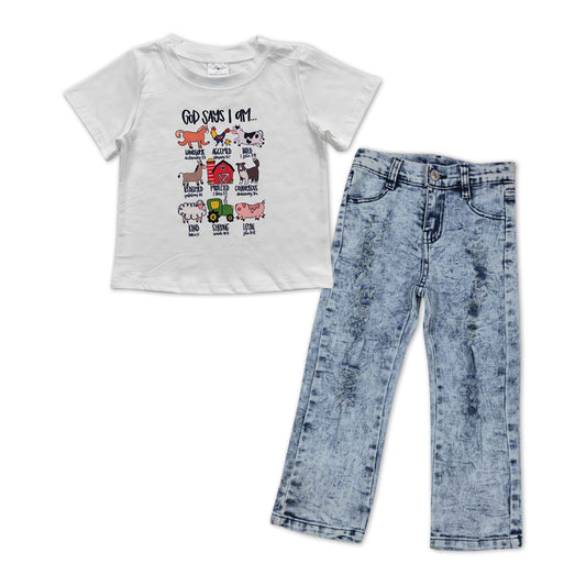 farm animal top blue washed jeans pants outfit