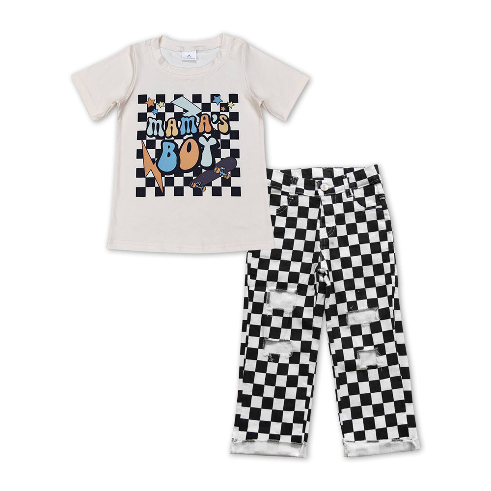 mamas boy short sleeve top black checkered jeans pants outfit