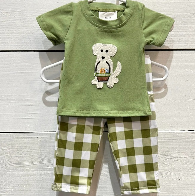 Embroidery puppy dog top green checkered pants Easter outfit preorder