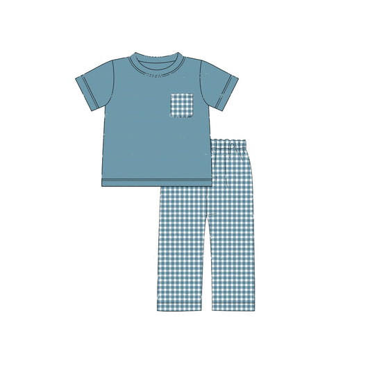 dark blue shirt matching plaid pants baby boy outfit preorder