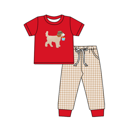 Baby boys fishing dog top matching plaid pants clothing set preorder