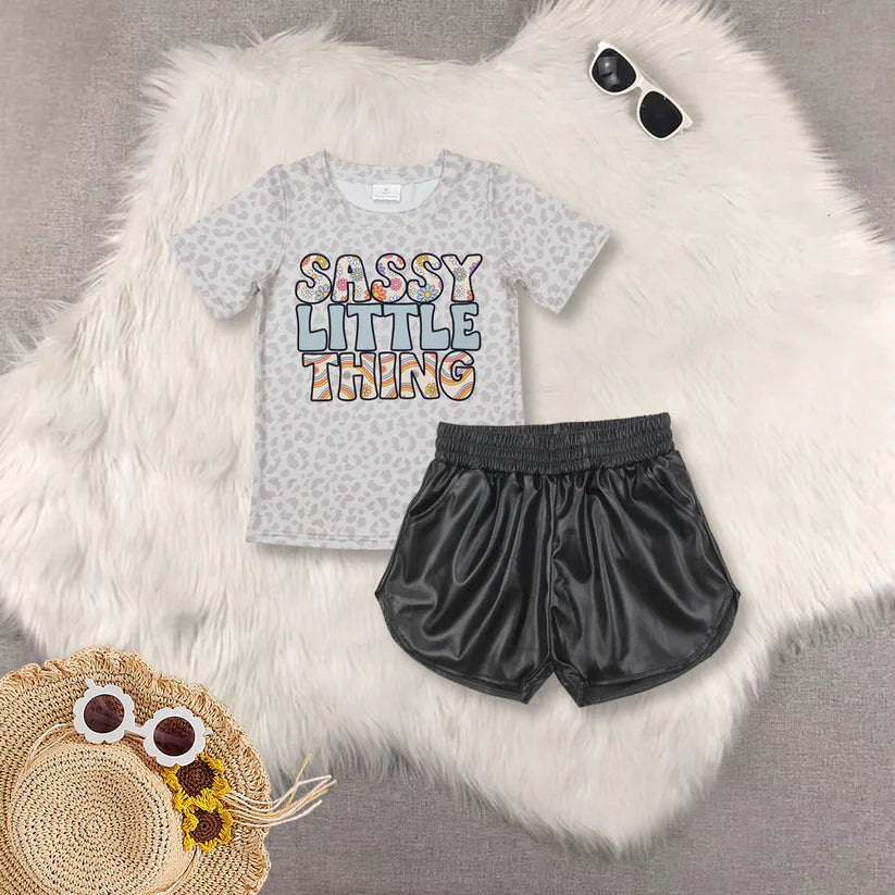 Sassy little thing shirt black pu shorts girls clothes GT0401+SS0413