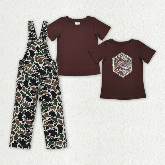 Brown top camo jeans overall 2pcs clothing set