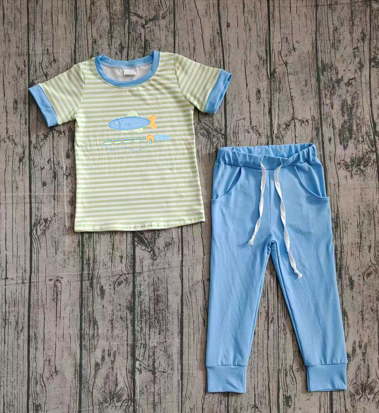 Embroidery Fishing top matching pants baby boy outfit preorder