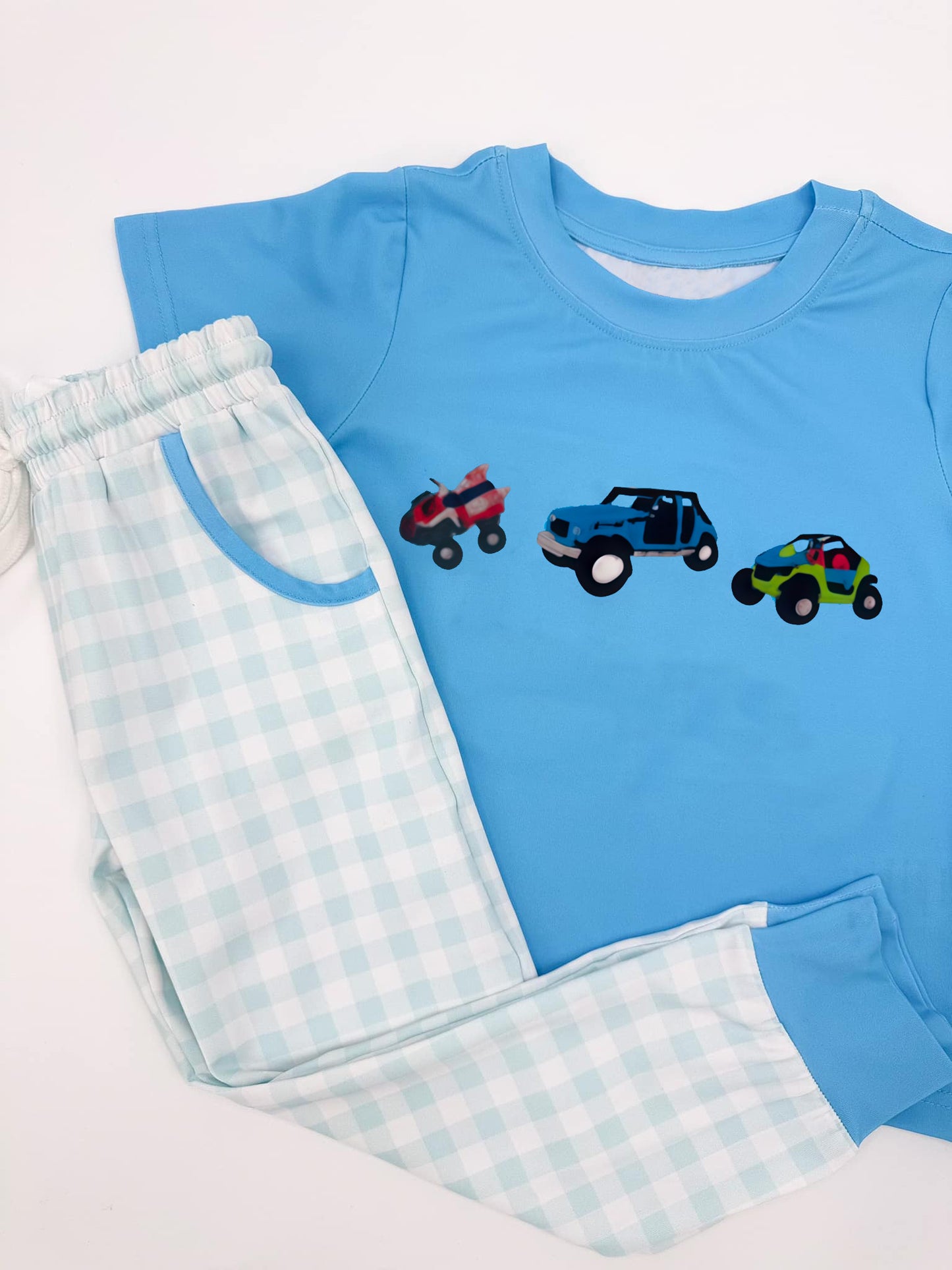 Car design short sleeve top matching pants baby boy outfit preorder