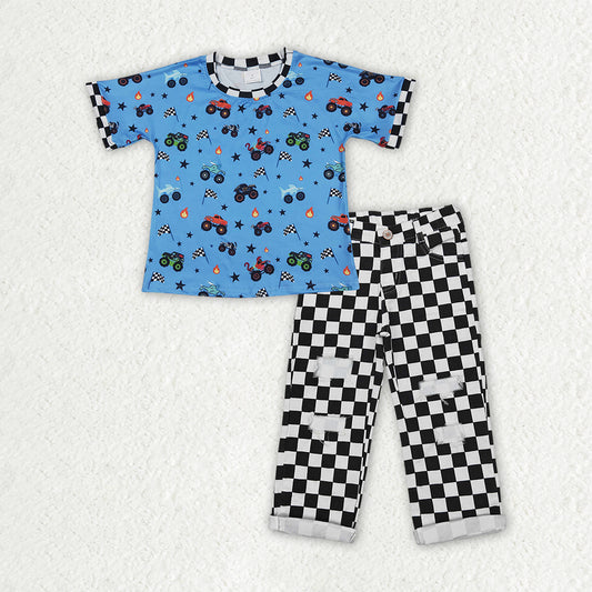 Boy car print top black denim pants outfit