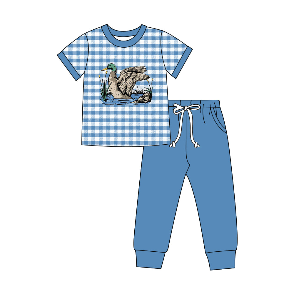 Mallard duck short sleeve blue plaid top matching pants boy outfit preorder