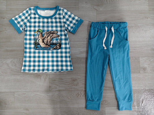 Mallard duck short sleeve blue plaid top matching pants boy outfit preorder