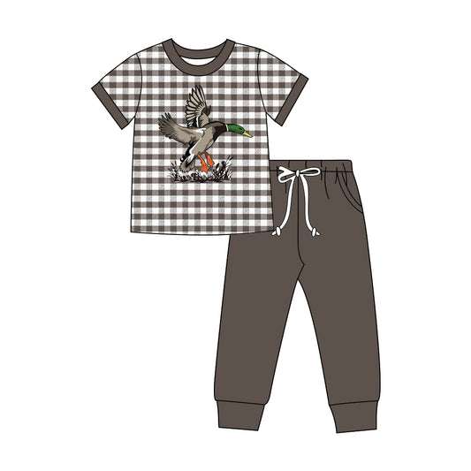 Mallard duck short sleeve dark grey plaid top matching pants boy outfit preorder
