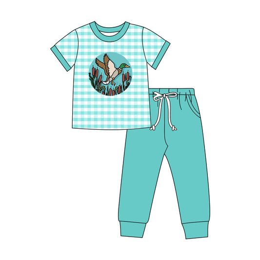 Mallard duck short sleeve aqua plaid top matching pants boy outfit preorder