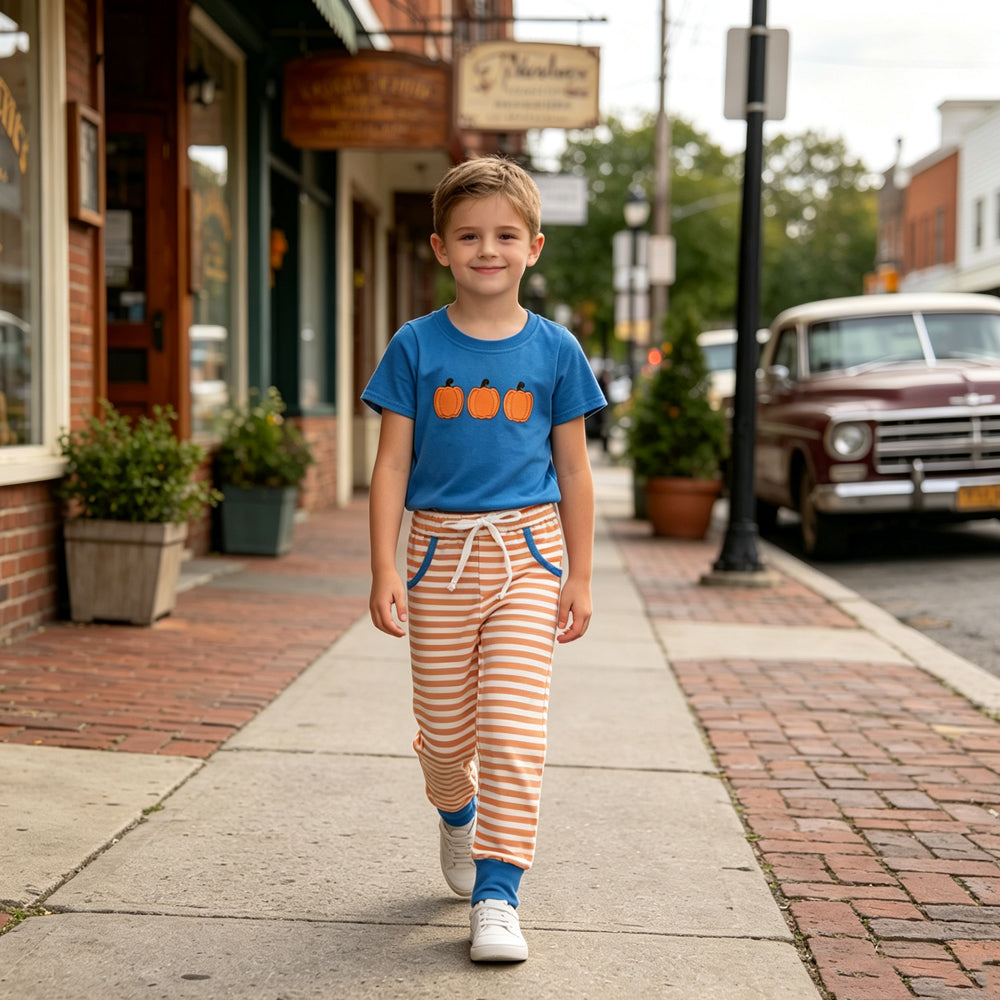Embroidery Fall pumpkin print long sleeve top matching pants boy outfit