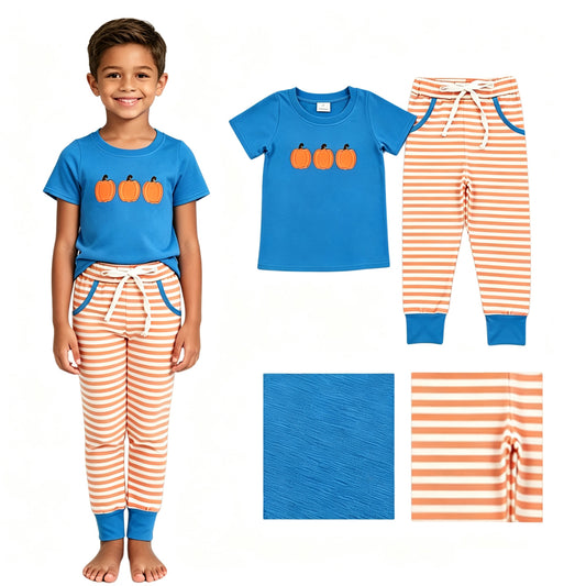 Embroidery Fall pumpkin print long sleeve top matching pants boy outfit