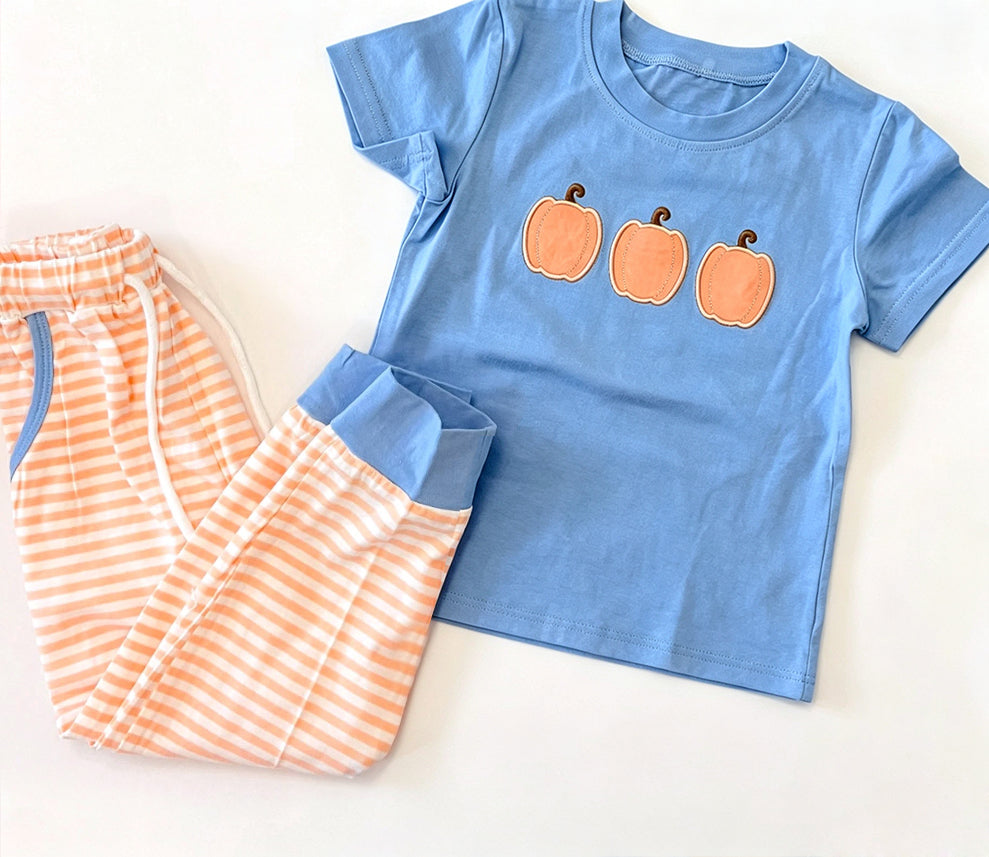Fall pumpkin print long sleeve top matching pants boy outfit preorder