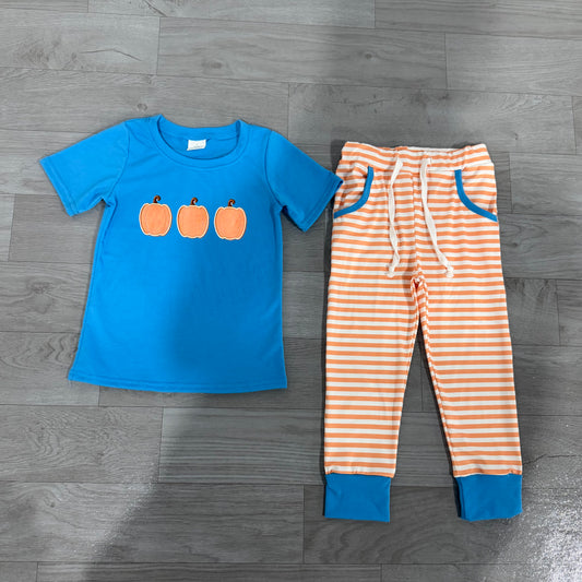 Embroidery Fall pumpkin print long sleeve top matching pants boy outfit preorder