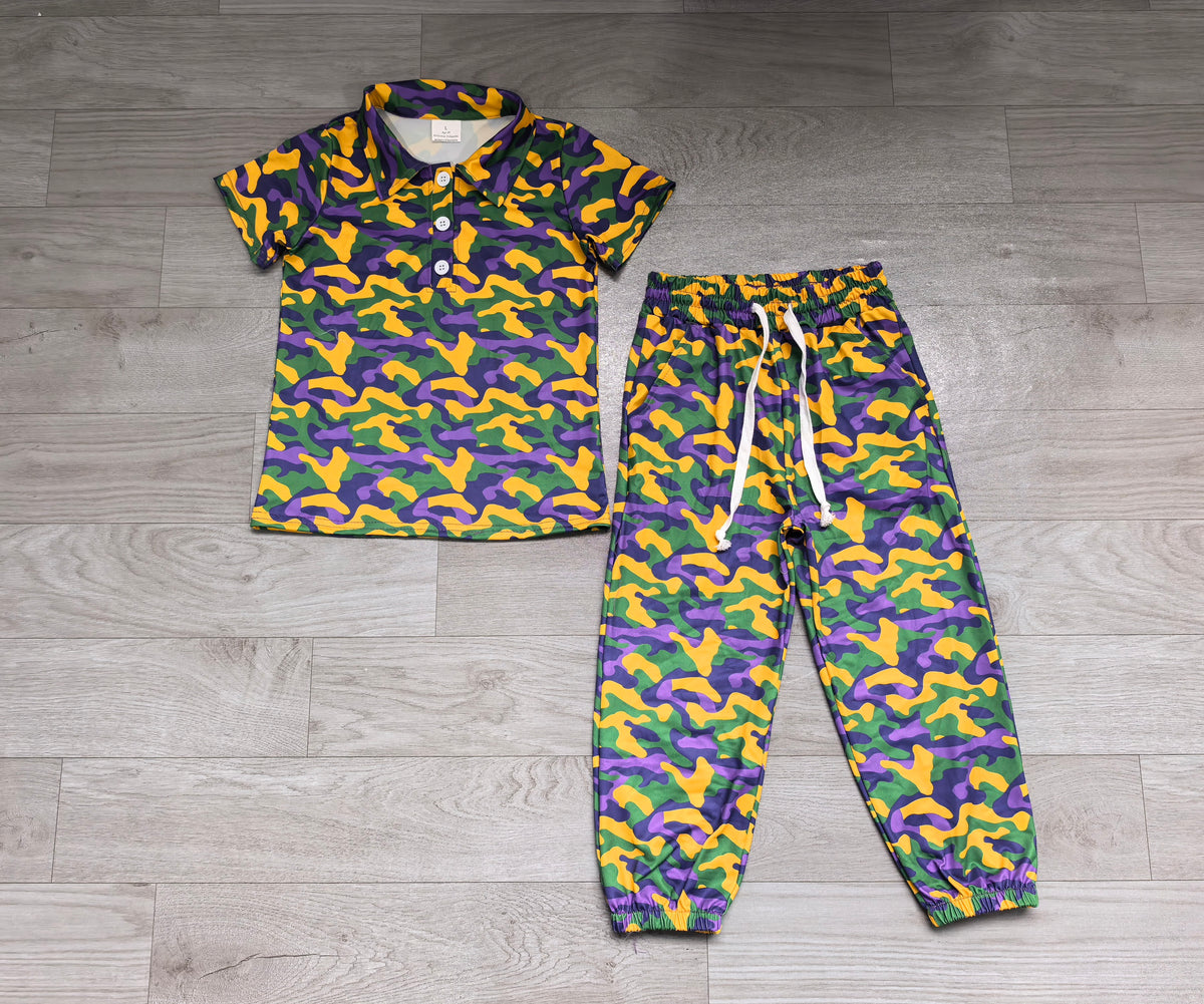 Mardi gras camo print  long sleeve  top matching pants boy outfit preorder