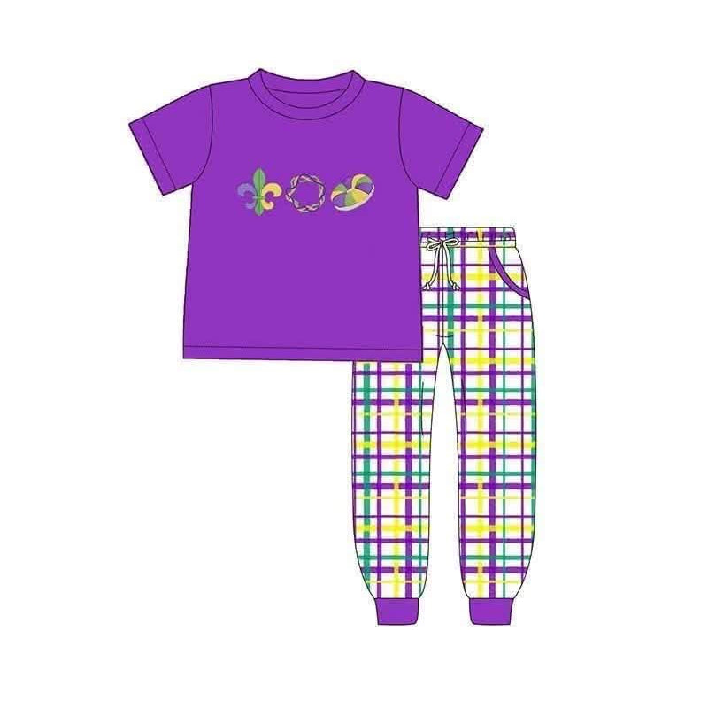 Mardi gras color short sleeve top matching pants boy holiday outfit preorder