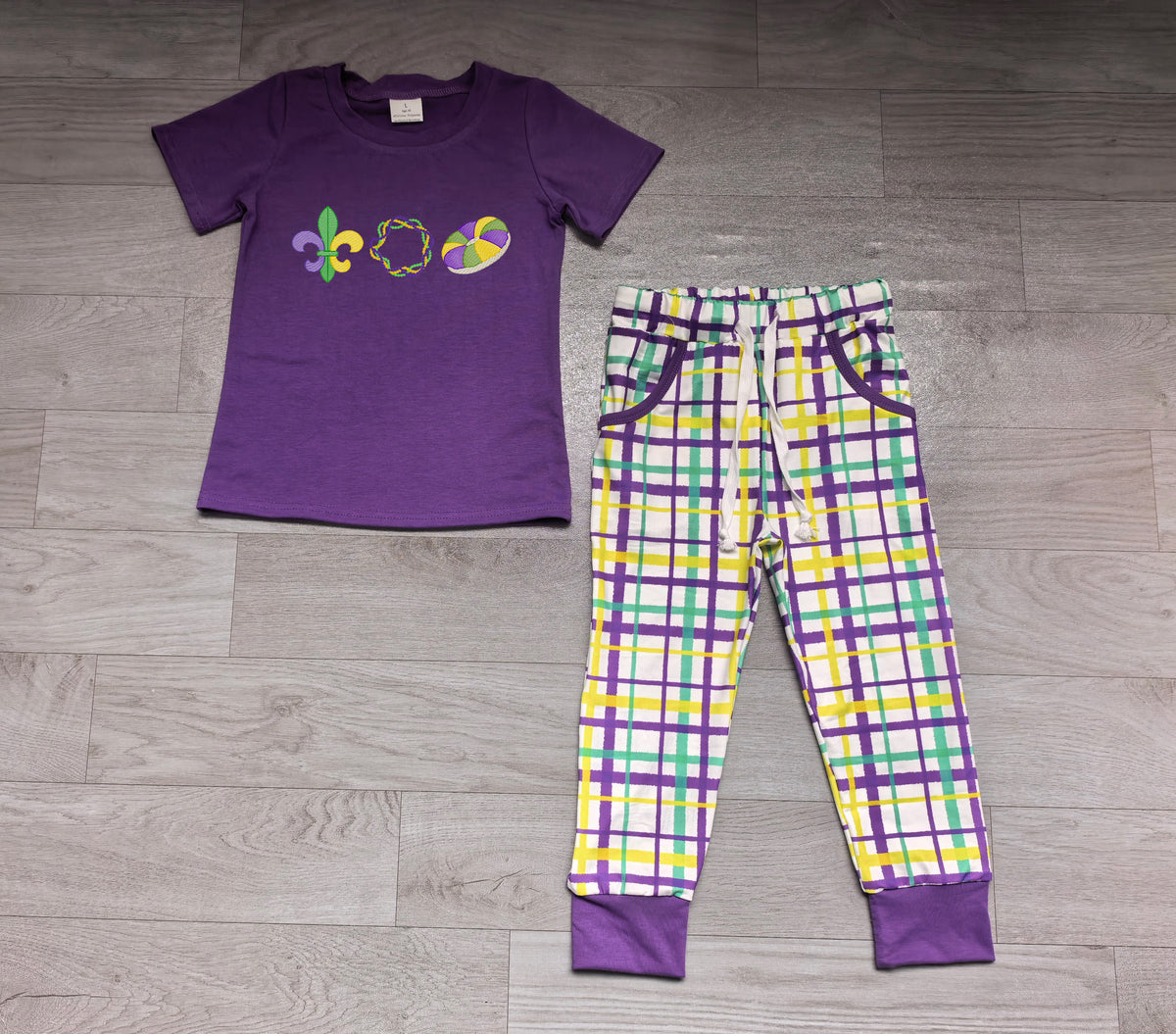 Mardi gras color short sleeve embroidery top matching pants boy holiday outfit preorder
