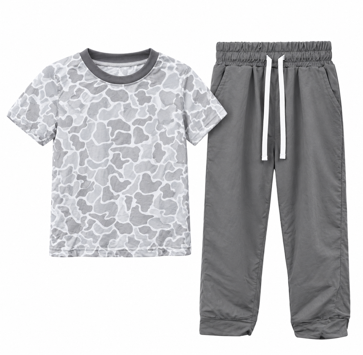 Grey camo print boys short sleeve top pants set outfit preorder