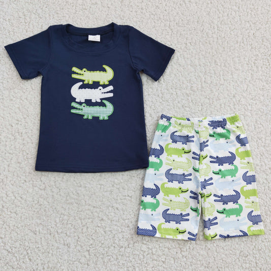 toddle boy kids embroidery crocodile summer short outfit, BSSO0132